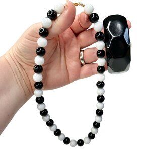 Vintage Black White Round Lucite Bead Necklace 19"  Faceted Bangle Bracelet Set
